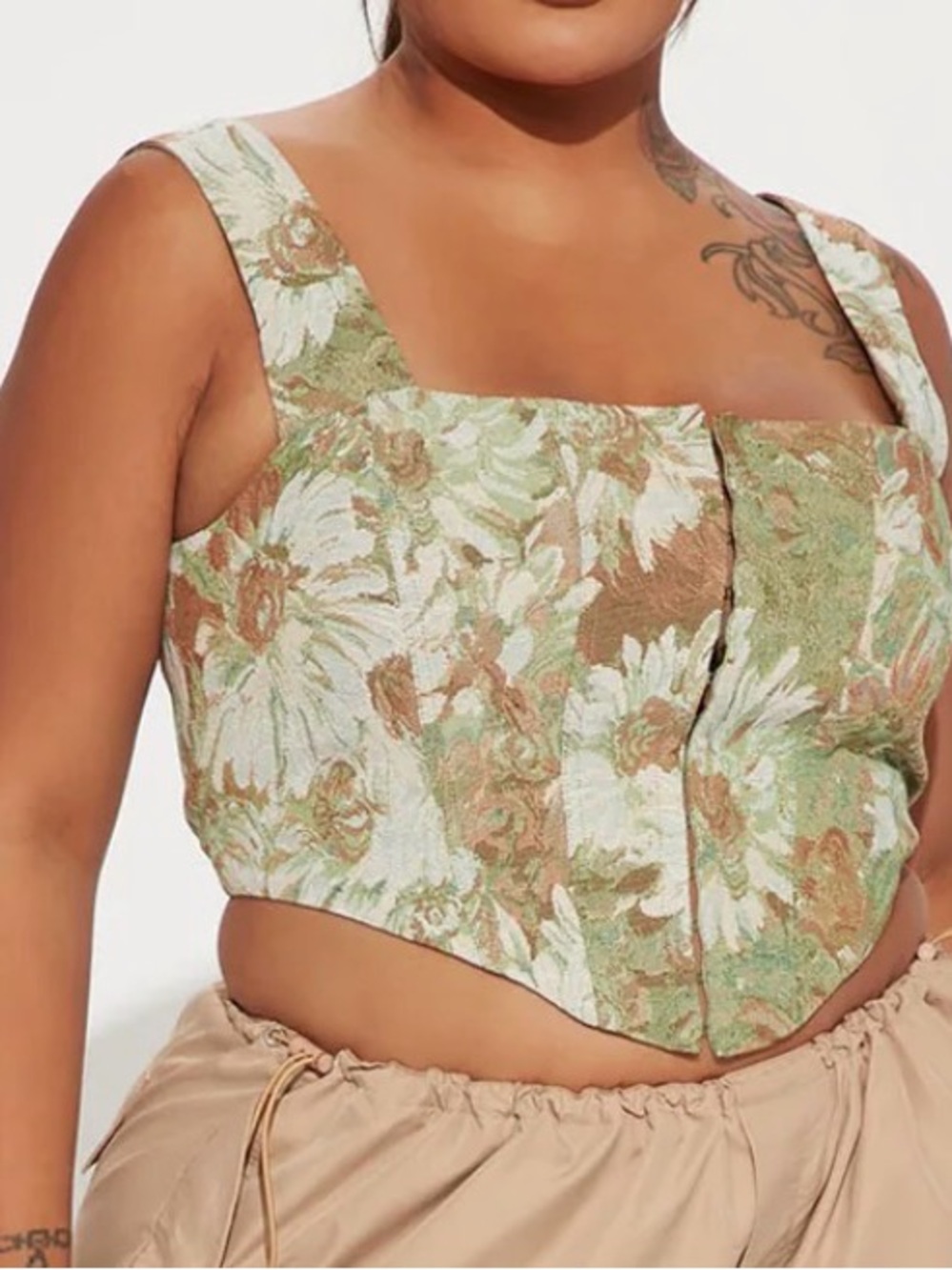 Floral Square-Neck Corset Crop Top in Green and Cream